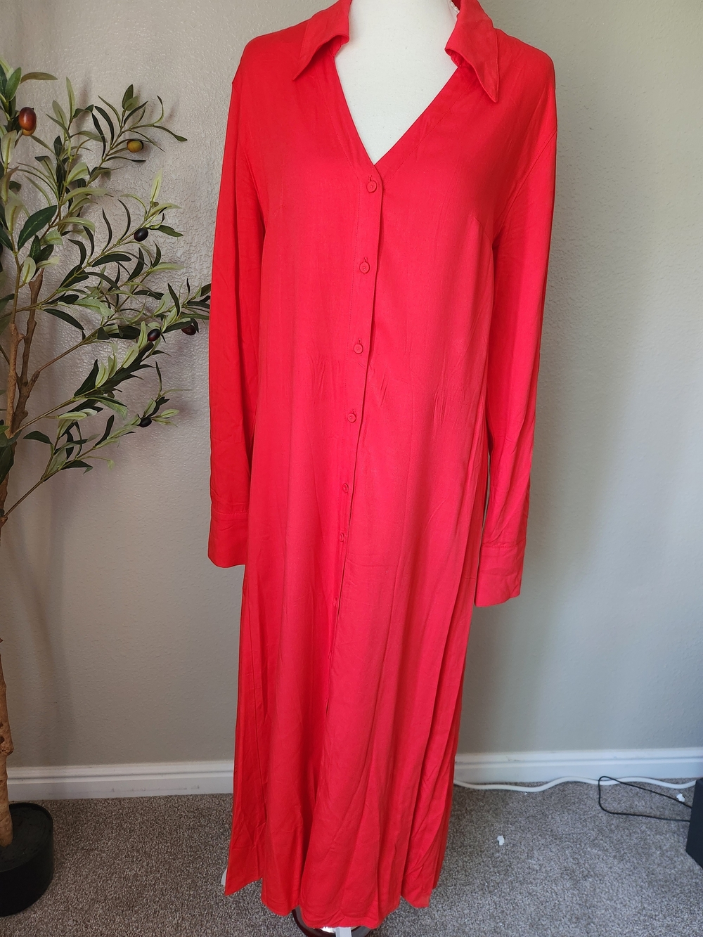 H&M Bright Red Long Button-Front Maxi Dress